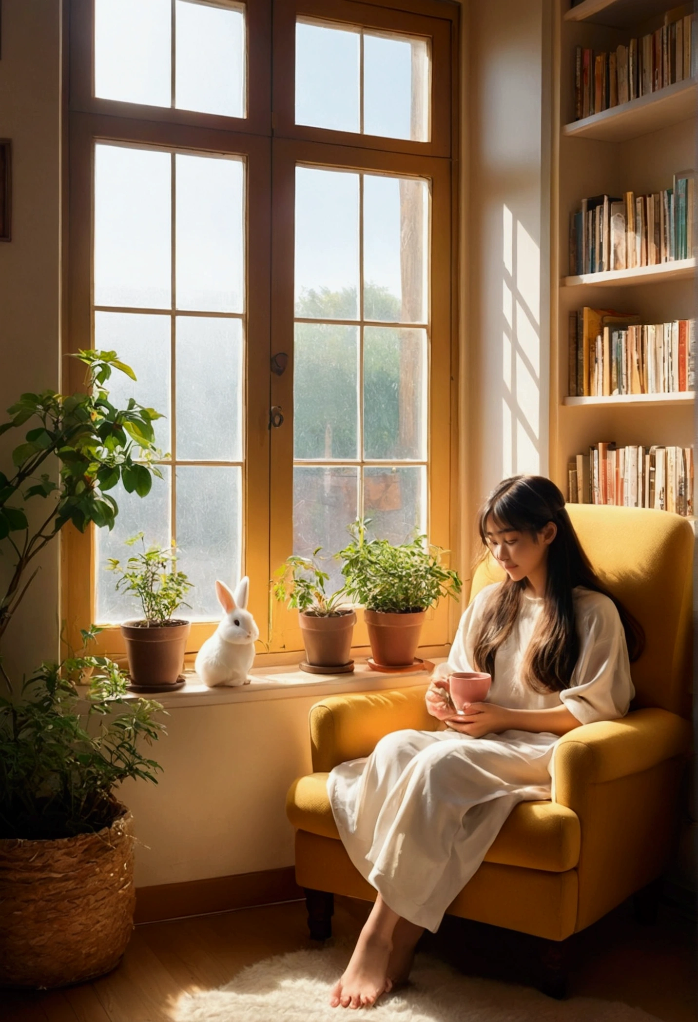 A cozy Studio Ghibli-style interior scene。a young woman with long hair、I&#39;m sitting in a comfortable armchair by a large window.。The sunlight streaming in through the window bathes the room in a warm golden glow.。Next to her、A fluffy white rabbit is curled up contentedly on a soft cushion。The room is full of charming details：potted plants by the window、Bookshelf lined with colorful books、And unique items scattered throughout the place。The walls are painted in pastel colors、A small round wooden table with a steaming cup of tea on it。The atmosphere is peaceful and intimate、This shared homely space gives a sense of happiness and comfort.