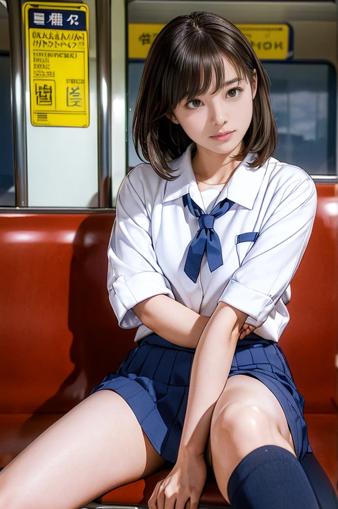 High-definition images, atmospheric perspective, 8K, Super detailed, Accurate, highest quality, 
1 girl, alone, chest, looking at the viewer, (look at the audience,:1.5),  
brown hair,  brown eyes, parted lips, smile slightly、underwear, panties, (japanese school uniform), 
 (navy blue mini skirt), (sit on a train seat:1.5), （spread your legs to the side:1.4)、underwear, panties, parted lips, 
 lips, (navy blue skirt), full body shot,  (((spread your legs, crossed arms))), showing sexy 、(whiteの panties:1.5), realistic ,
(white, collared shirt, ribbon tie),
(Do not expose your upper body:1.5),((Ceiling from below:1.2))、((from below:1.38))、
(turn your body toward the viewer:1.5) , (from below, look up:1.5), ((15 year old Japanese girl, short bob))