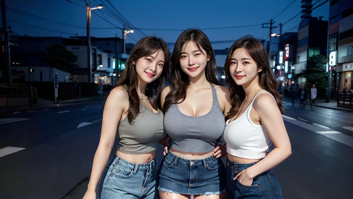 3 girls, tokyo road,nighttime, city scenery,city lights,upper body,close up,smile,, (8ก, raw photos, best quality, Masterpiece:1.2),(realistic, photo-realistic:1.37), ((Wear a jeans skirt, tank top ))((big breasts))