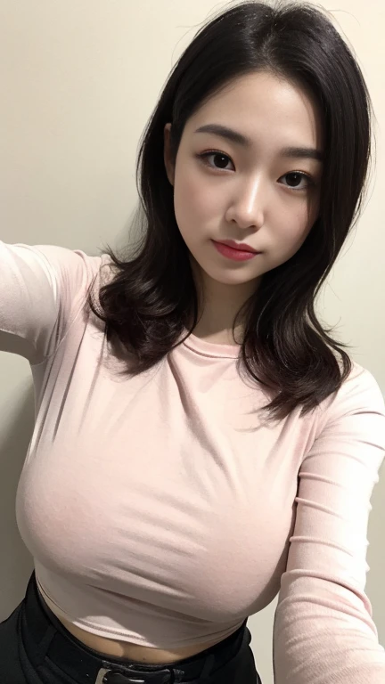 Highest quality,masterpiece,Ultra-high resolution,(Realistic:1.4),Beautiful lighting, (Highly detailed CG Unity 8K wallpapers), Beautiful face in every detail,Detailed clothing, 50mm portrait photography, No background、One Girl, eyes, cute, young, Temporarily stop, Facial Lighting, Physically Based Rendering,Written boundary depth , Black Hair, short hair, ((Shoot from above)), Japanese women、20-year-old、pinkTshirt、(Big BreasBody)、Beautiful young woman taking a selfie, Taken with iPhone camera、In front of a white wall、Selfie