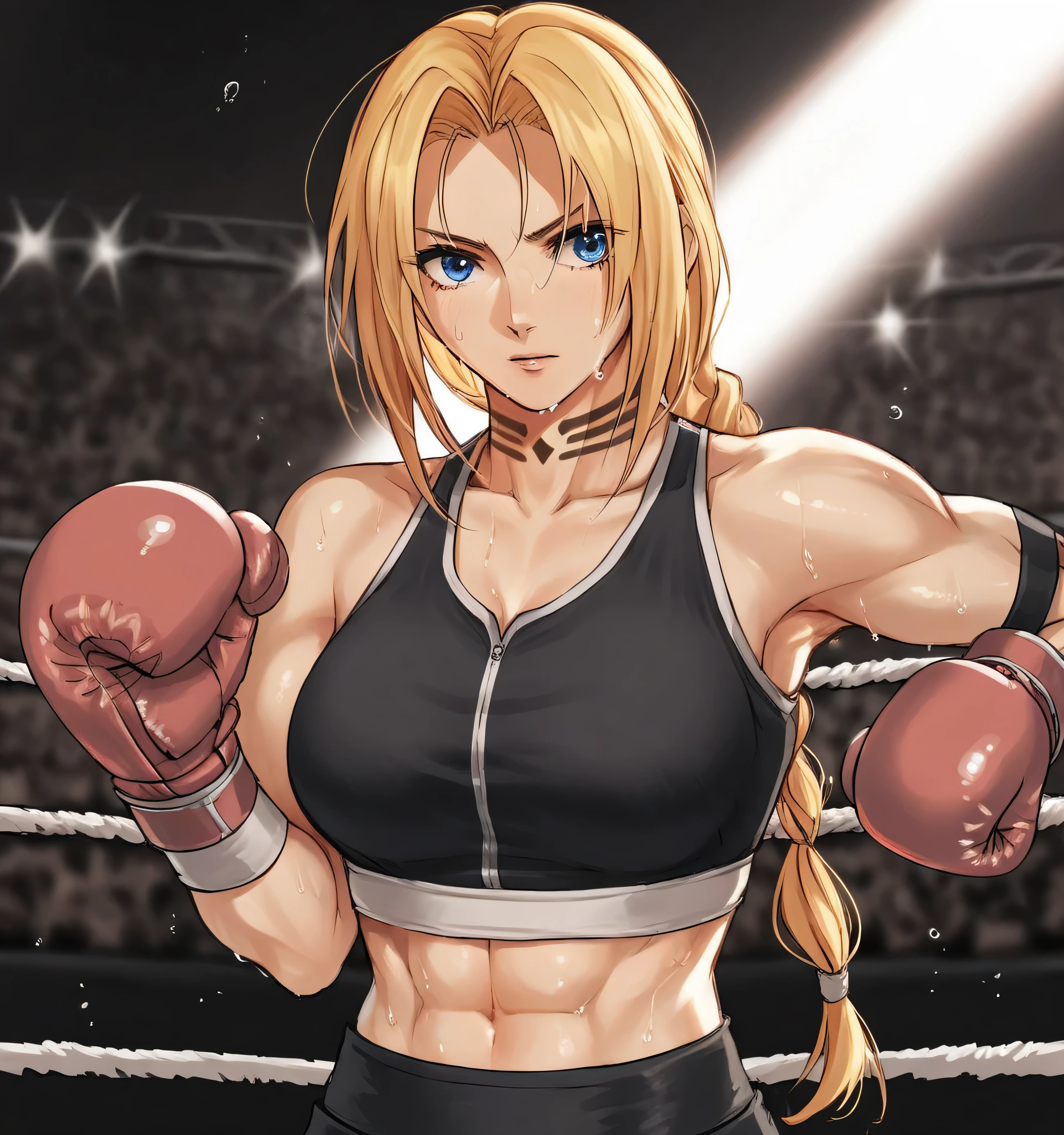 score_9, score_8_up, score_7_up, score_6_up, Detailed Background, BREAK
 koasmirage, 1girl, long hair, sports bra, klausian neck markings, sweating,blonde hair, blue eyes, single braid,BREAK
boxing ring, boxing gloves, mma,