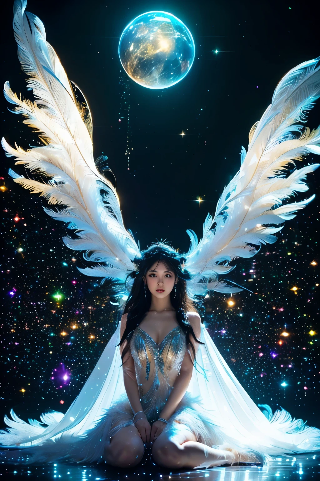 1girll,独奏,long whitr hair,High ponytail,(Busty),looki at viewer,nabel,jewely,standing on your feet,full bodyesbian,(wings),Middle,ssee-through,foot on foot,Realistis。tmasterpiece,Best quality,A high resolution,Stars in Eyes,See-through dresses,(((shimmering dazzling lighting))),(with light glowing),detailed shadow,meteors,stars,milky ways,Starcloud,Star in white dress,Messy floating hair,Colored inner hair,Starry sky adorns hair,Chiffon,stars,White theme