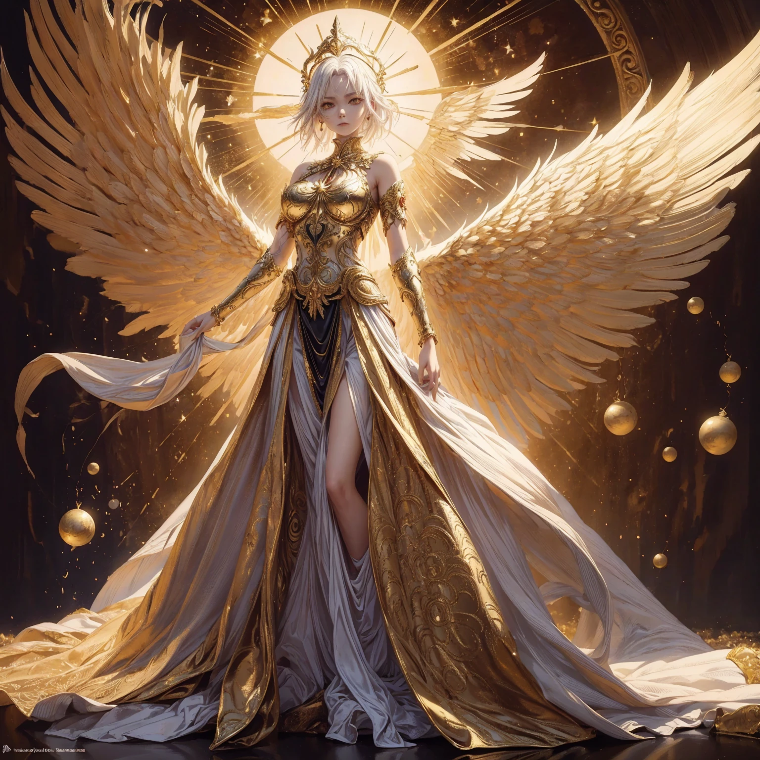Art of Woman Wearing Sun Crown, Wearing a gorgeous golden metal bra and breastplate that reveals a little skin above the chest, Wearing a gorgeous golden dress with nebula inside, A pair of giant angel wings taller than the body spread out behind the woman., ancient goddess art, Sacredness. Very detailed, Mysterious inspiration, Inspiration from the Sun God, Religious inspiration, A divine background, Cold and snobbish face, Dangerous expressions, White hair, Floating sideways in the void like a goddess, One hand reaches out to the sky while the other hand holds a brilliant orb as bright as the sun., Full body portrait, Gothic art style, Weird art style, Occult art, Halo of angels, contempt eyes, Divine light, Wide-angle lens, Upward Shot