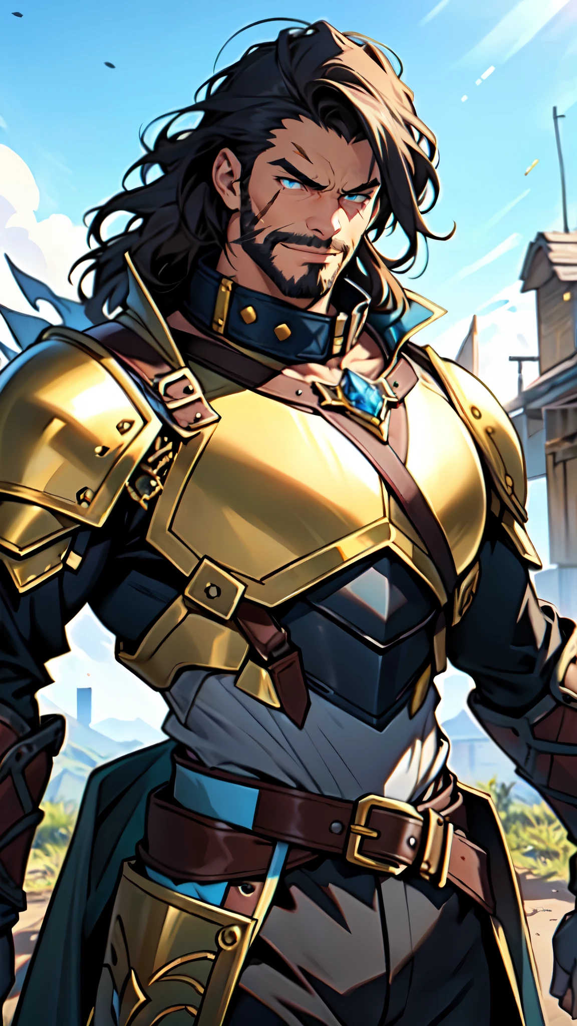 (masterpiece:1.2, best quality:1.2, extremely delicate:1.2), ((male:1.5)), a middle-aged man with long blue-black hair, thick eyebrows, sharp eyes, a wild smile, (a dense beard:1.2), (a huge scar down the middle of his face:1.2), a tall and robust build, ((luxurious golden high-collar chest armor without shoulder guards:1.3)), revealing his muscular abs, a short-sleeved undershirt, a metal belt, short skirt armor, canvas trousers, a cape flutters in the wind behind him, stands majestically on a desolate battlefield, this character embodies a finely crafted fantasy-style overlord in anime style, exquisite and mature manga art style, dramatic, high definition, highres, ultra-detailed, ultra-fine painting, professional, perfect body proportions, golden ratio, anatomically correct, symmetrical face, extremely detailed eyes and face, high quality eyes, creativity, RAW photo, UHD, 32k, Natural light, cinematic lighting, masterpiece-anatomy-perfect