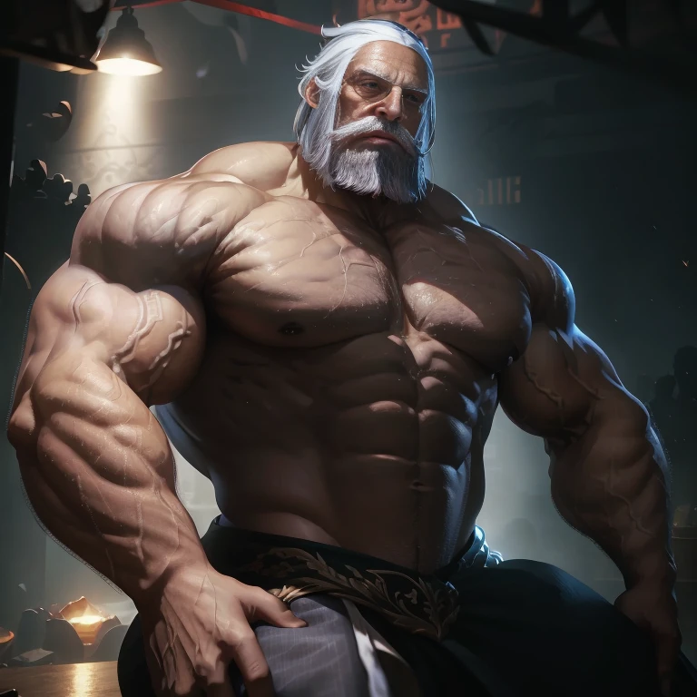JP, Old Man, A bearded muscular man, rugged, Legs spread ,gray hair and beard, Sweaty , Wet , Seductive , Big , large bulge , big balls ,(low angle), big ass,(The whole body of the character),Correct anatomy,CG sense,Dark atmosphere,8K,Cinematic lighting effects, large thighs