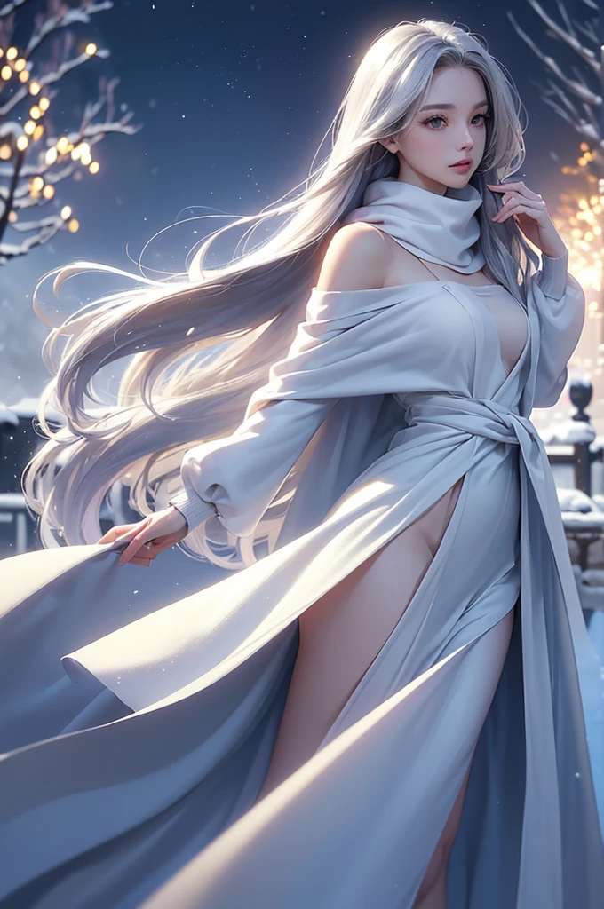 ((masterpiece:1.5、8k、Portraiture、フォトリアリスティックでVery detailedなCG、Very detailed、Particle Effects、Dynamic Effects、Shallow depth of field、Cinematic Light、Lens flare、Ray Tracing、Tabletop、Realistic:1.4、Ultra-high resolution:1.2、Realistic、Realistic))((alone、,A woman wearing a cashmere coat over an off-the-shoulder dress:1.4、wear a long scarf、Elegant woman posing、Detailed face、bright表情、young, bright, Whiter skin、Ample breasts、Best Looks、Ultimate beauty、Shiny silver hair with highlights、bright and shiny hair,、Super long, Silky straight hair、Hair dancing in the wind))(morning、The setting is outdoors in the snow、Surrounded by illuminations)