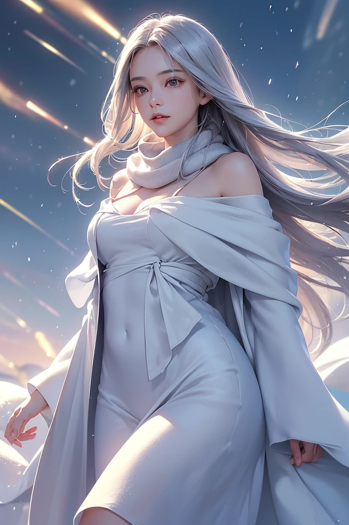 ((masterpiece:1.5、8k、Portraiture、フォトリアリスティックでVery detailedなCG、Very detailed、Particle Effects、Dynamic Effects、Shallow depth of field、Cinematic Light、Lens flare、Ray Tracing、Tabletop、Realistic:1.4、Ultra-high resolution:1.2、Realistic、Realistic))((alone、,A woman wearing a cashmere coat over an off-the-shoulder dress:1.4、wear a long scarf、Elegant woman posing、Detailed face、bright表情、young, bright, Whiter skin、Ample breasts、Best Looks、Ultimate beauty、Shiny silver hair with highlights、bright and shiny hair,、Super long, Silky straight hair、Hair dancing in the wind))(morning、The setting is outdoors in the snow、Surrounded by illuminations)