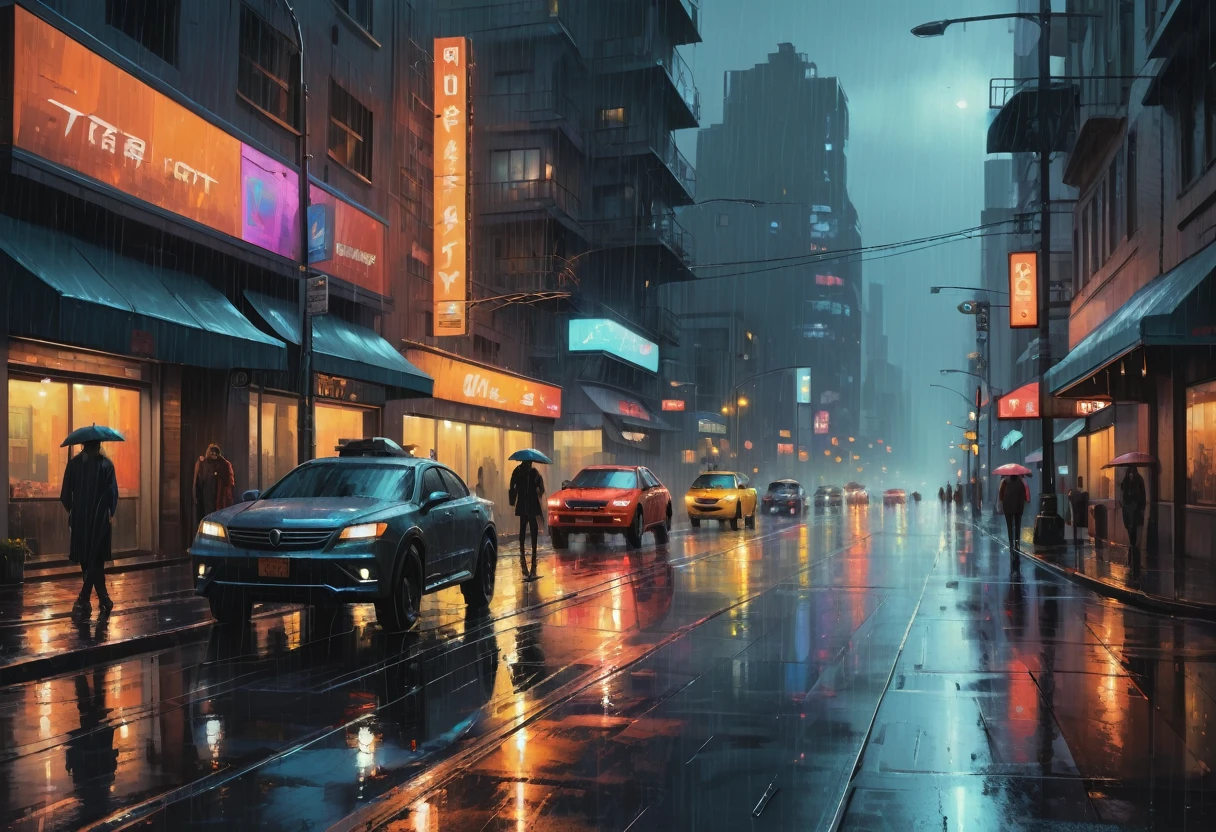 painting of a city street with cars and people walking on the sidewalk, rainy night city street, futuristic city street, beautiful cityscape, rainy urban streets, rainy city at night, city at night in the rain, rainy street, street city night, fantasy cityscape, beautiful oil matte painting, concept art oil painting, oil on canvas. cinematic, rainy cyberpunk city