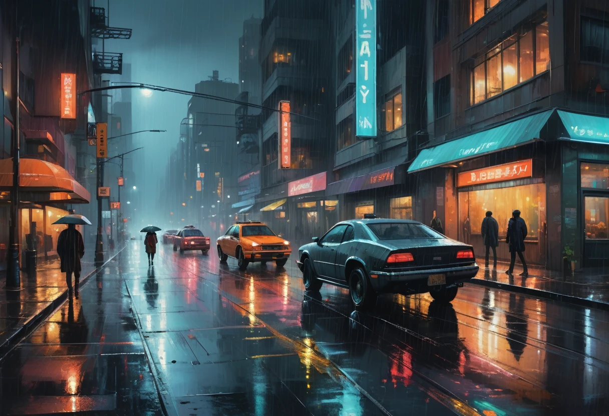 painting of a city street with cars and people walking on the sidewalk, rainy night city street, futuristic city street, beautiful cityscape, rainy urban streets, rainy city at night, city at night in the rain, rainy street, street city night, fantasy cityscape, beautiful oil matte painting, concept art oil painting, oil on canvas. cinematic, rainy cyberpunk city