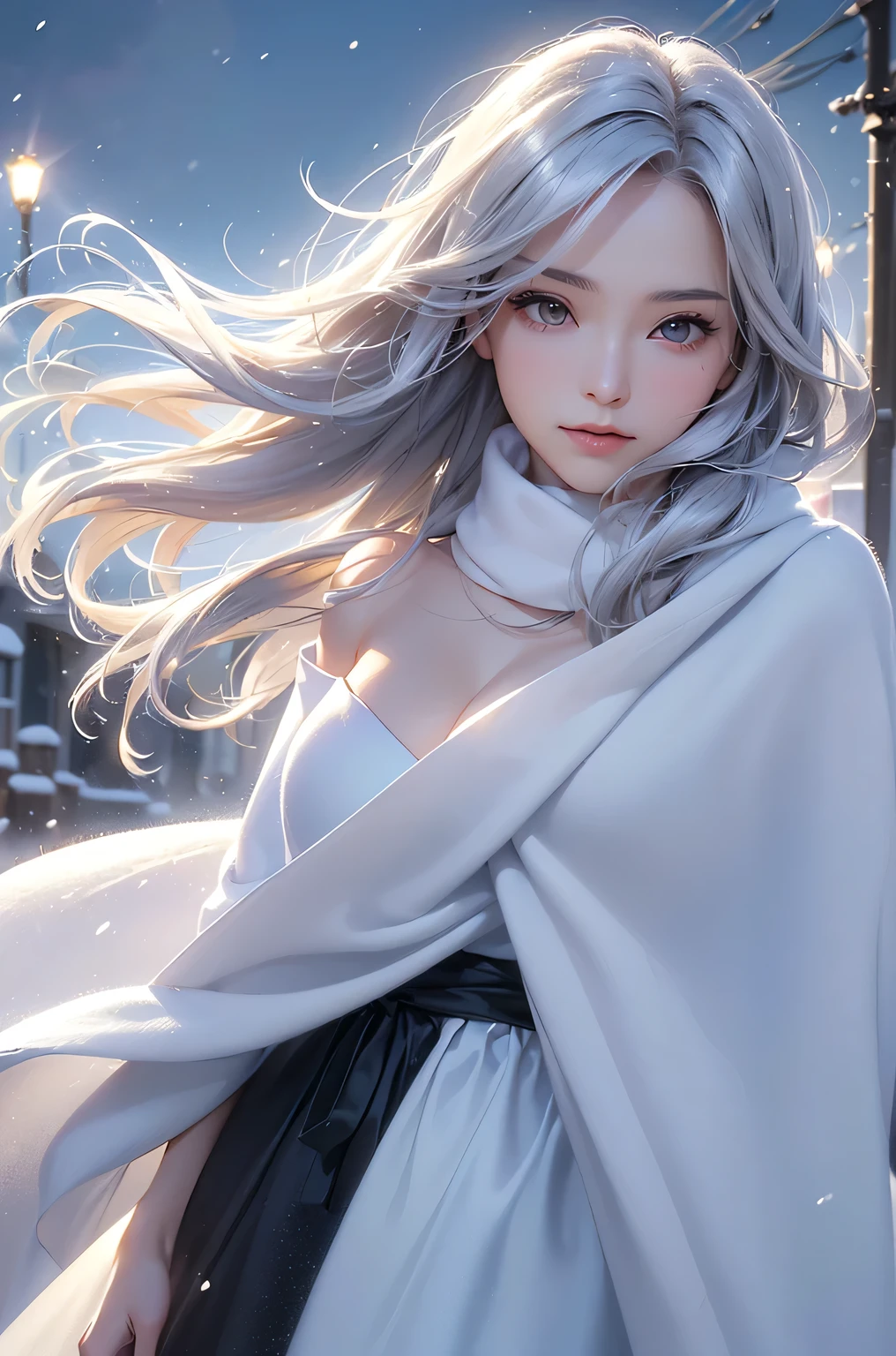 ((masterpiece:1.5、8k、Portraiture、Photorealistic and very detailed CG、Very detailed、Particle Effects、Dynamic Effects、Shallow depth of field、Cinematic Light、Lens flare、Ray Tracing、Tabletop、Realistic:1.4、Ultra-high resolution:1.2、Realistic、Realistic))((alone、,A woman wearing a cashmere coat over an off-the-shoulder dress:1.4、wear a long scarf、Elegant woman posing、Detailed face、brightexpression、young, bright, Whiter skin、Ample breasts、Best Looks、Ultimate beauty、Shiny silver hair with highlights、bright and shiny hair,、Super long, Silky straight hair、Hair dancing in the wind))(morning、The setting is outdoors in the snow、Surrounded by illuminations)