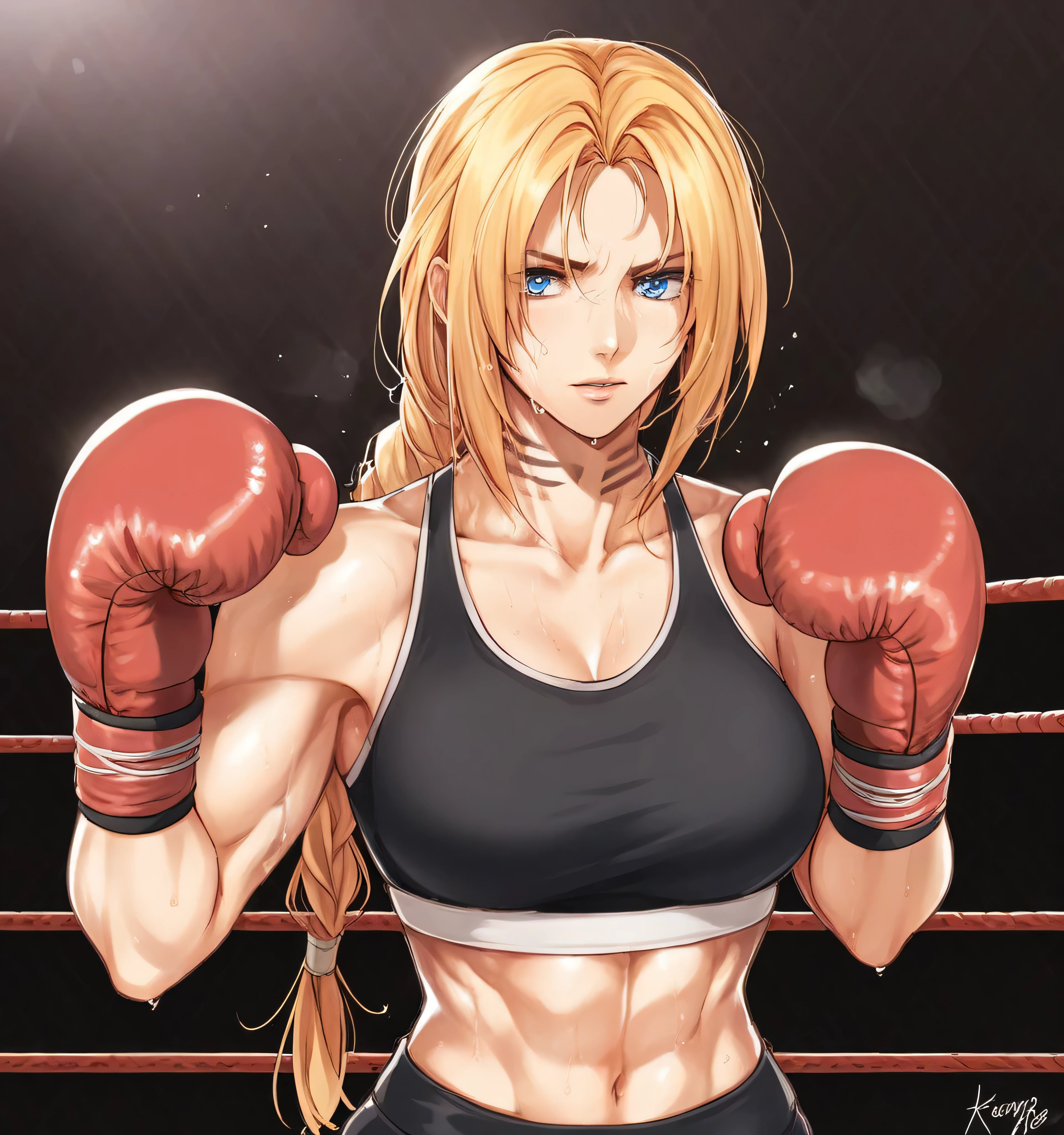 score_9, score_8_up, score_7_up, score_6_up, Detailed Background, BREAK
 koasmirage, 1girl, long hair, sports bra, klausian neck markings, sweating,blonde hair, blue eyes, single braid,BREAK
boxing ring, boxing gloves, mma,