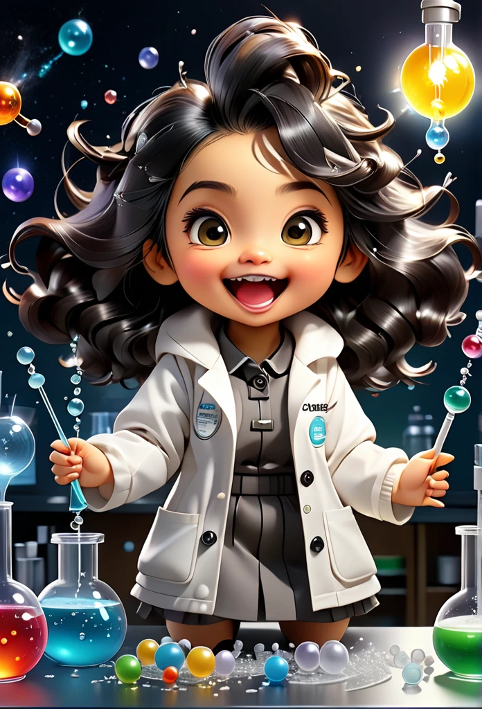 Chibi Baby Chemistry Mascot MASCOT, atoms, Molecules ,Has black hair , Blind box style and model with popular market style, The sunlight shines, , hyper qualit, sharp features, Ultra HD and 8K resolution,Cool Hand Drawn Illustration,fly away (Inside out disgusting), Create a series of best quality cute chibi dolls,ultra details,realisitic,Science Laboratory,Chemical experiment,ultra HD, chemical equipment,scientists working,cups,UHD Bunsen Burner ,Microscope,laboratory glassware,measuring cylinders,labcoats,Round nerd glasses ,science books,Periodic table,scientific research,discoveries,new inventions,innovation,aprendizagem,education,Scientific culture wears coat with details of buttons and brooches , her coat is charming and cute with ultra chemical details ,Curiosidade,Technological advancements,swirly vibrant colors,soft lighting,modern laboratory,nerdy atmosphere,laboratory instruments,hypothesis testing,Scientific method,symbolic representation,Critical thinking,experiments ,precision,precision,Intricate details,impressive scientific setup,natural elements,exploration of the mysteries of science,unlocking the secrets of nature. Baby chibi is happy and excited, remember to use chemical laboratory glassware, The chalkboard behind the cute chibi baby is written the structure of caffeine in white chalk 18K UHDBlack hair, very long hair, American propaganda poster, shine light, 3D rendering,