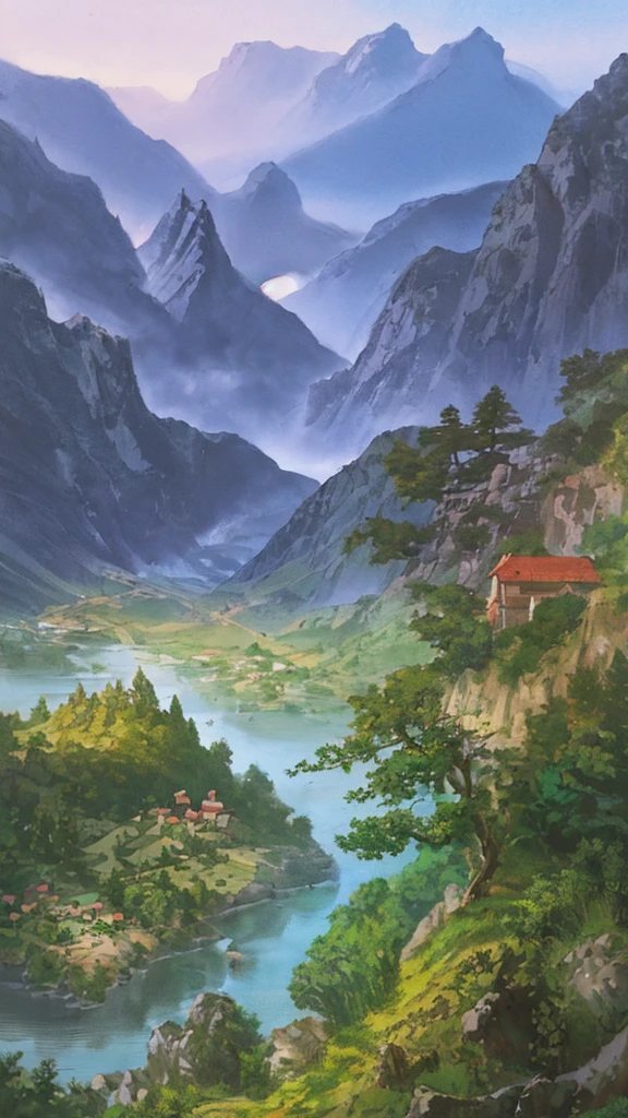 
painting of a house on a hill with a boat in the water, a digital painting by Arthur Pan, shutterstock, fantasy art, idyllic cottage, detailed painting 4 k, anime countryside landscape, beautiful digital painting, digital painting highly detailed, a beautiful landscape, detailed scenery —width 672, 4k highly detailed digital art, 4 k matte thomas kinkade, Anime style, colour spreading, Colorful, vibrant colour combination 