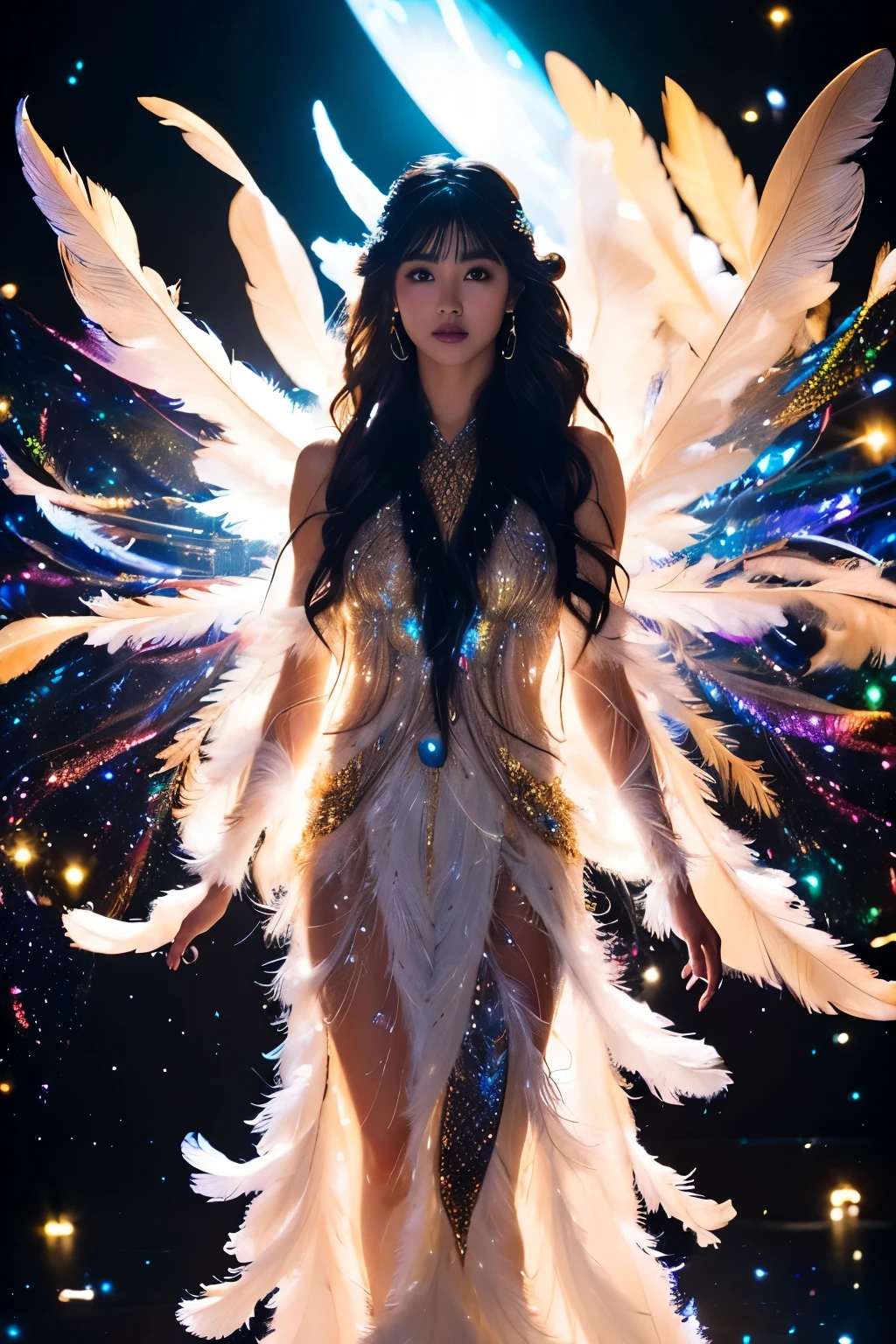 (Extra Detail Art), 8k ,Fashion Model、Natural standing posture、Full body portrait、Beautiful Face、Beautiful hairstyle、beautiful  goddess,softly illuminated、Flowing feathers,Fluorescent translucent clothing,Standing in the space between celestial bodies,Black background with glitter dots,Ethereal,