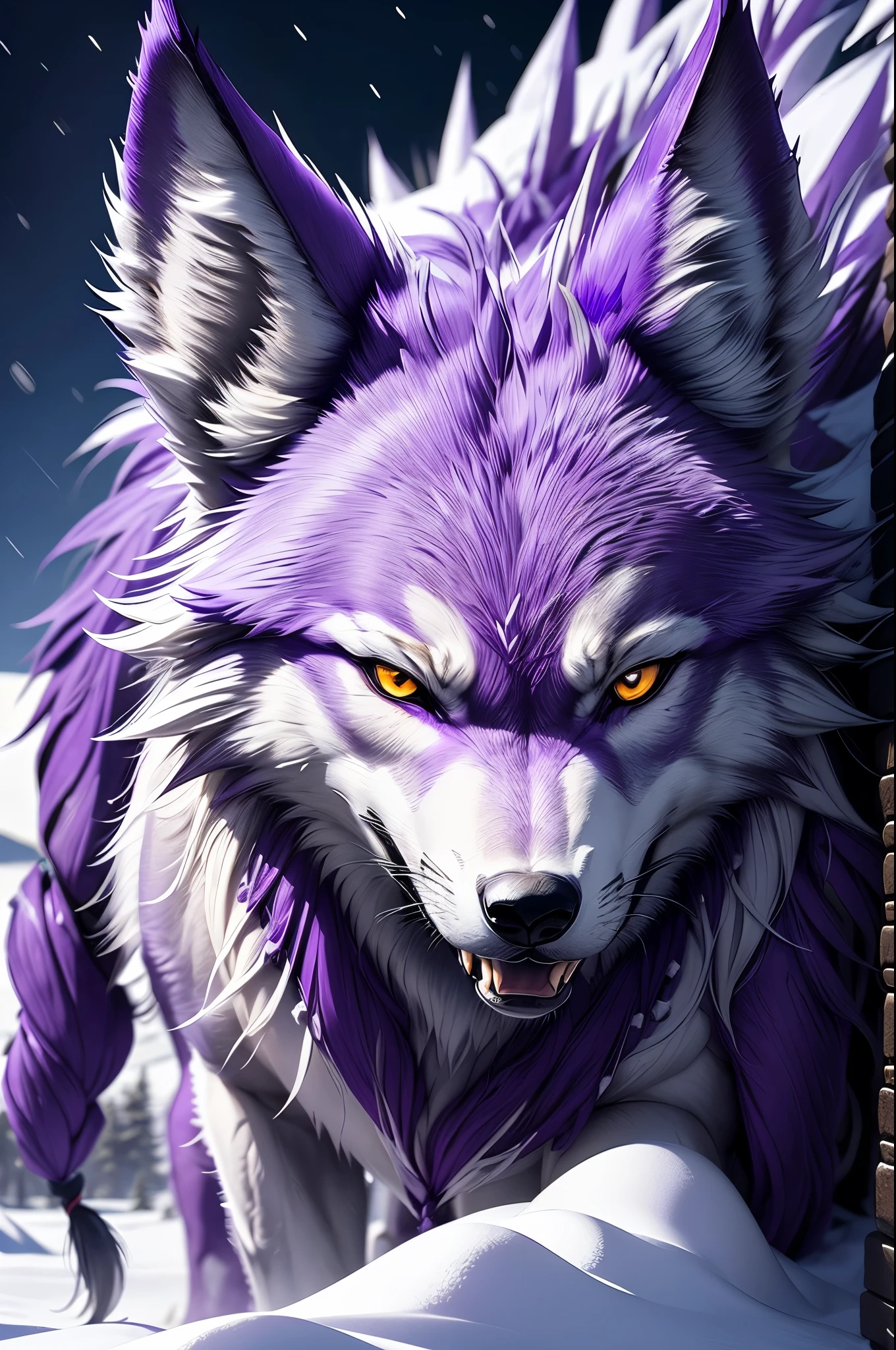 wolf in the snow with a full moon in the background, great wolf, ((purple wolf)), dire wolf, photo of wolf, wolf in a snowfield, lone wolf, fenrir, purple wolf with yellow eyes, masterpiece, anime style, ((purple fur))