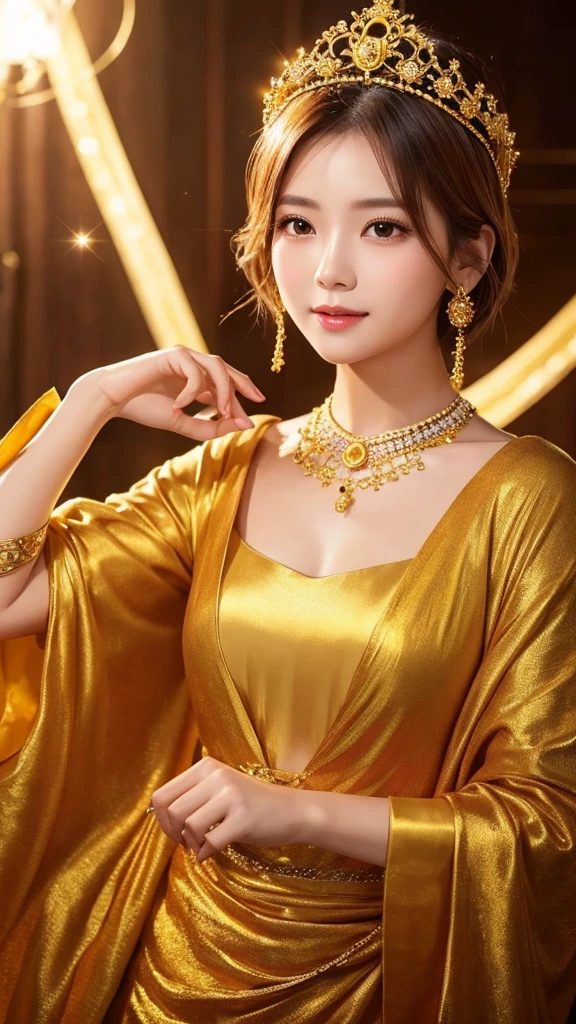 Love Buddha(woman)、Photorealistic。Like a heavenly maiden。
Wearing a golden robe、Filled with an aura of love。
A glittering tiara on her head、The expression is calm。