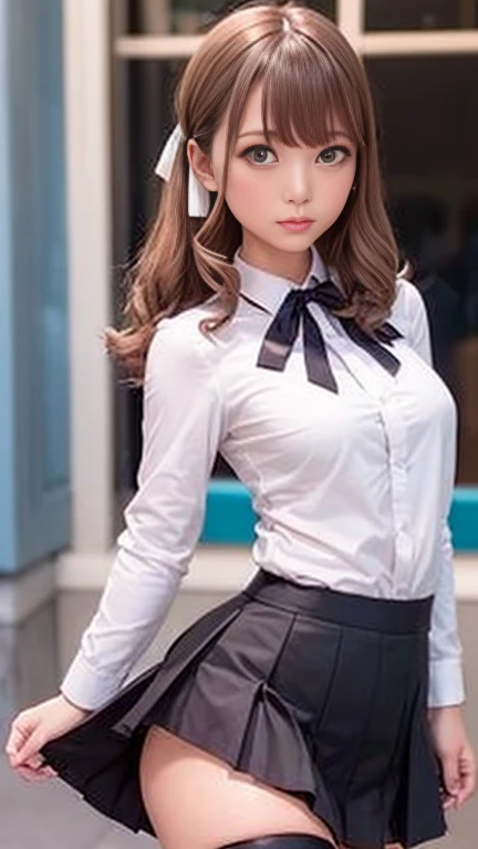 Highest quality,masterpiece,8k,One girl,Medium chest,orgasm,blush, Sweat,mini skirt,Lift up your skirt,Under the skirt,White panties,mizuki yukikaze,Hair Ribbon, Green Shirt, Seraphim, White neckerchief, Long sleeve, Pleated skirt, Black Skirt, Black knee socks, loafers,((Standing Split:1.1))