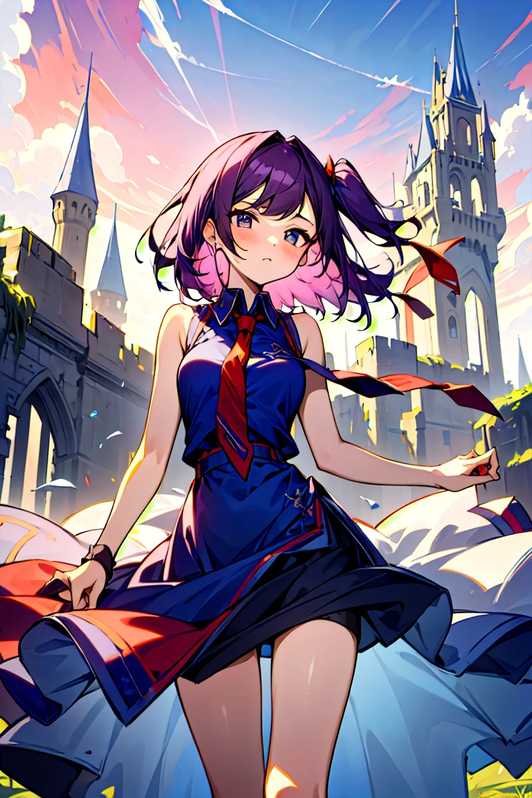 (masterpiece:1.2), (high quality:1.2), girls with((1girl, solo, purple hair, (medium hair, right swept bangs, one side up:1.55), bare shoulder, blush, breasts, cowboy shot, navy blue shirt, chinese shirt dress, blue cheongsam, blue slit, frills dress, sleeveless, (collared shirt, red necktie:1.45), black armwarmers, elbow armwarmers, princess dress, long dress, (open dress:1.34), black shorts, bare legs, stands)), background with((fantasy world, ruin, castle, beautiful sky, shining sky, sunshine:1.35))