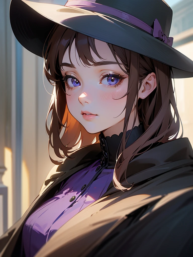beautiful detailed girl, 12 years old, purple dress, light brown hair, black hat, black car in the background, delicate face, large eyes, detailed facial features, warm lighting, photorealistic, 8k, high resolution, intricate detail, masterpiece, digital art, color harmony, cinematic composition