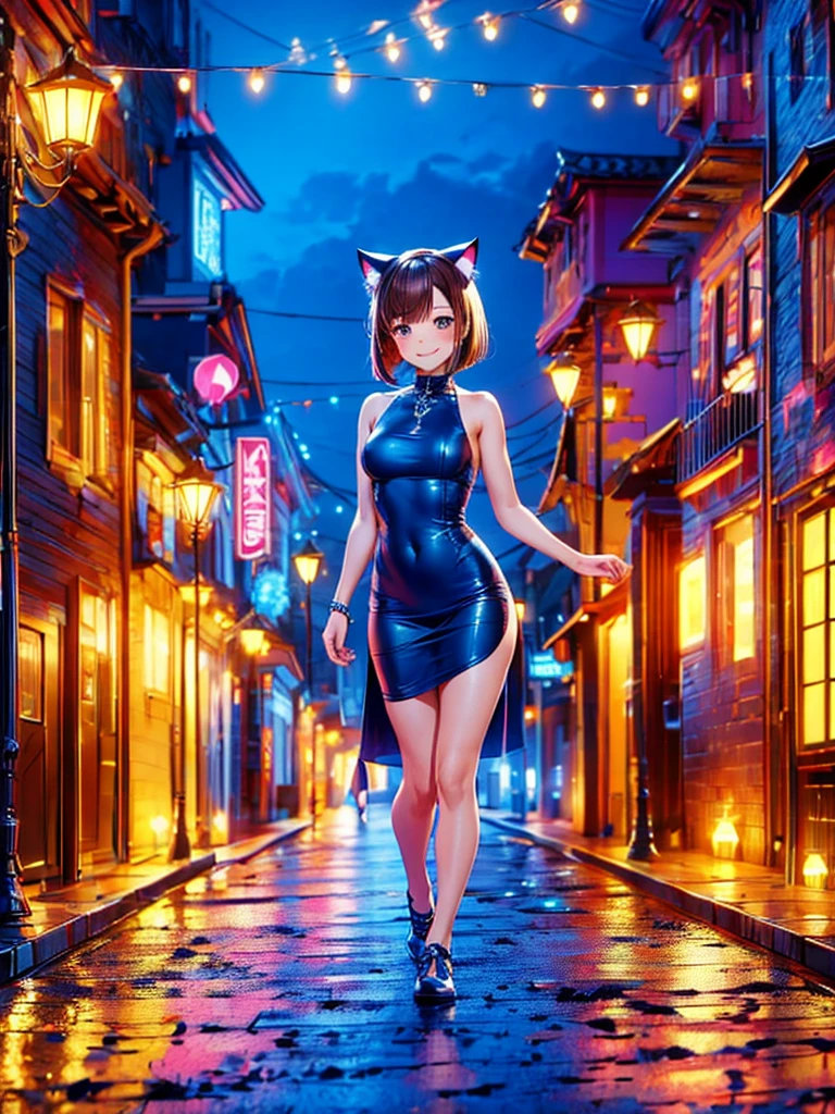 Anime girl in futuristic mecha armor costume holding headphones, Cute cyborg girl, Digital Cyberpunk Anime Art, Girl in Mecha Cyber Armor, cyberpunk beautiful girl,((Tons of accessories))、The wind is blowing、Well-formed face、Girl Naked、barechested、((Nothing is worn))、fullnude、Naked 、fullnude、8Head and body、a small face、A slender、Very skinny、skinny、tiny chest,Ribs、discreet breasts、Smaller chest、small tits、beauty legs、Constricted waist、dented belly、Model body type、Beautiful hair、Backgrounds that look like real photos、(((street)))、outside of house、(Showing the crotch)、(Thigh strap for only one leg)、Happy face、(((Wear a dog collar)))、((Clear is female))、fullnude、((The view is amazing.))、Showing to a very large audience、(((Wearing an insertion-type cat tail in the anus)))、1、Clitoral chain、Showing the crotch、