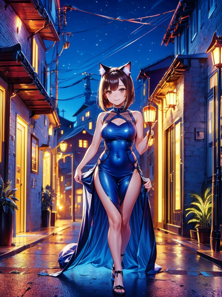Masterpiece,Best Image,Highest Resolution,A beautiful smiling girl in a one-piece dress walking through the city at night,Cat ear,Brown hair short bob,whole body,front,up,
