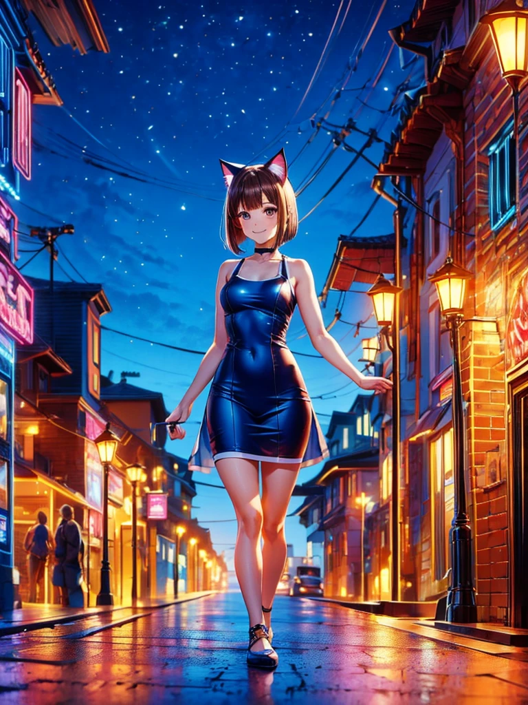Masterpiece,Best Image,Highest Resolution,A beautiful smiling girl in a one-piece dress walking through the city at night,Cat ear,Brown hair short bob,whole body,front,up,