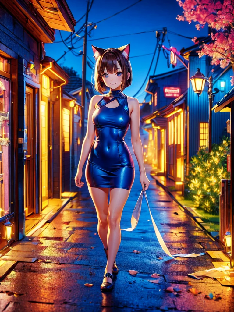 Masterpiece,Best Image,Highest Resolution,A beautiful smiling girl in a one-piece dress walking through the city at night,Cat ear,Brown hair short bob,whole body,front,up,