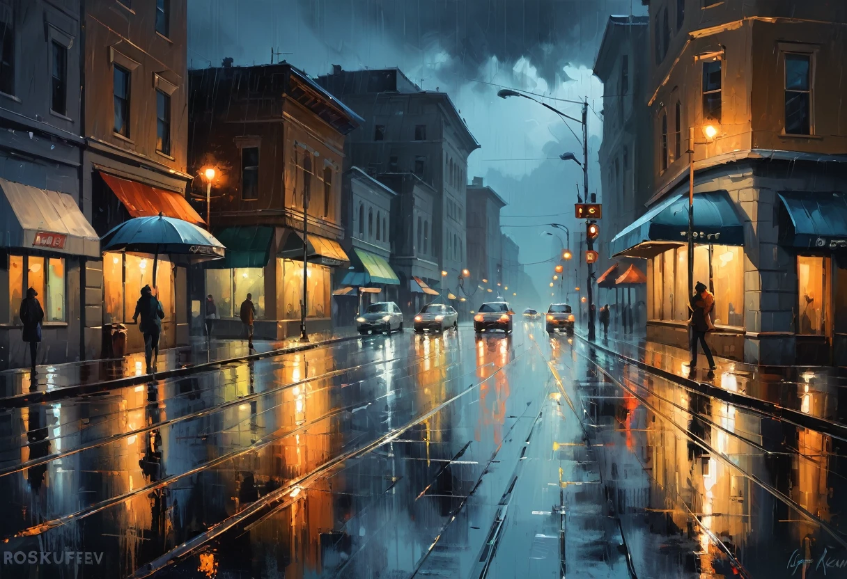 a painting of a city street at night, vector art, by Igor Kufayev, conceptual art, oil on canvas. cinematic, rainy afternoon, ross tran. scenic background, oil on canvas”