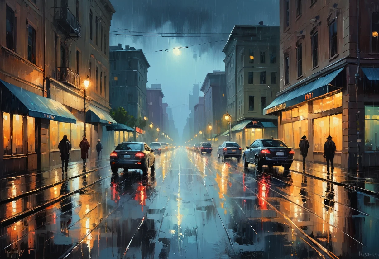 a painting of a city street at night, vector art, by Igor Kufayev, conceptual art, oil on canvas. cinematic, rainy afternoon, ross tran. scenic background, oil on canvas”