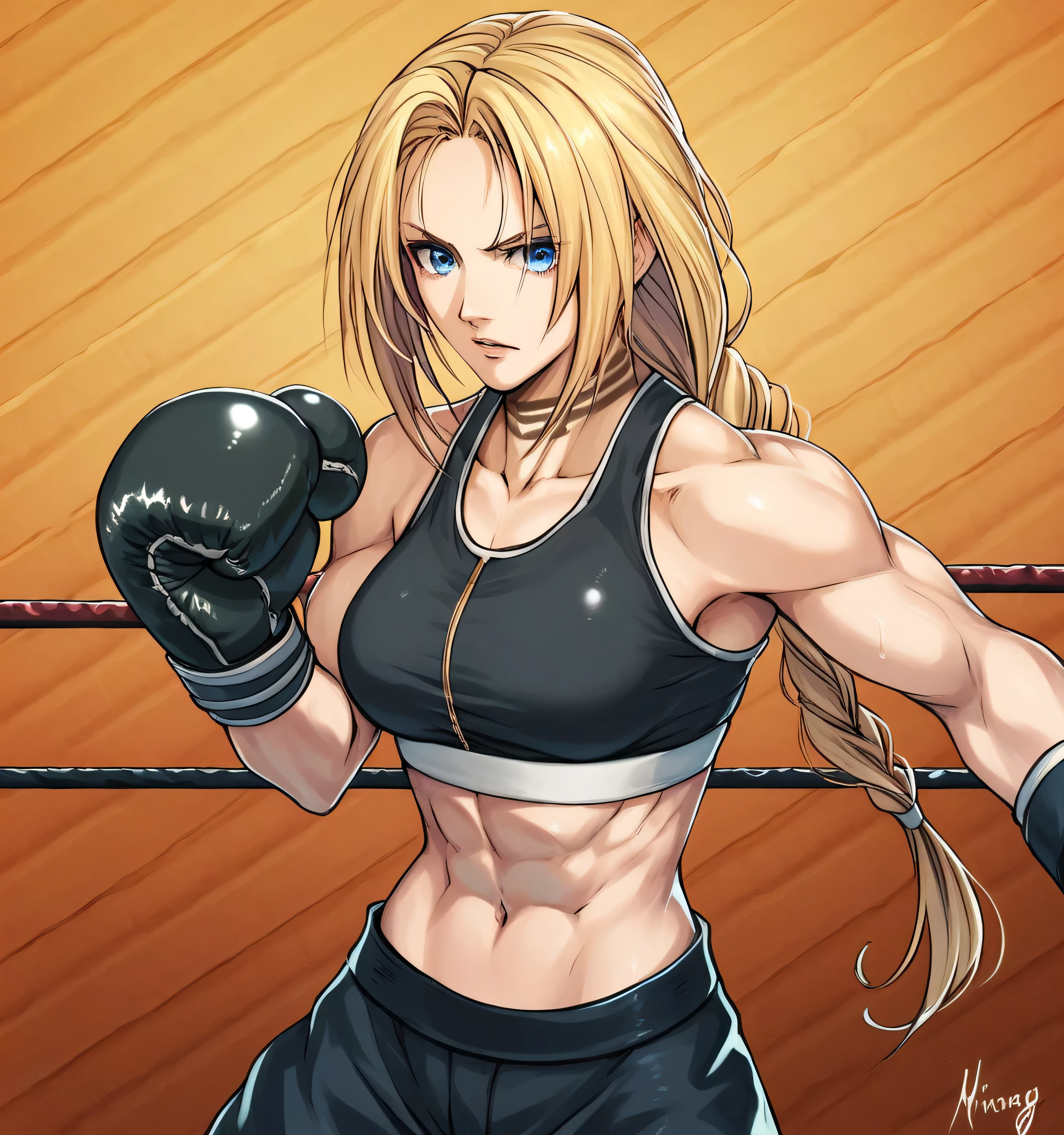 score_9, score_8_up, score_7_up, score_6_up, Detailed Background, BREAK
 koasmirage, 1girl, long hair, sports bra, klausian neck markings, blonde hair, blue eyes, single braid,BREAK
boxing ring, boxing gloves, mma,