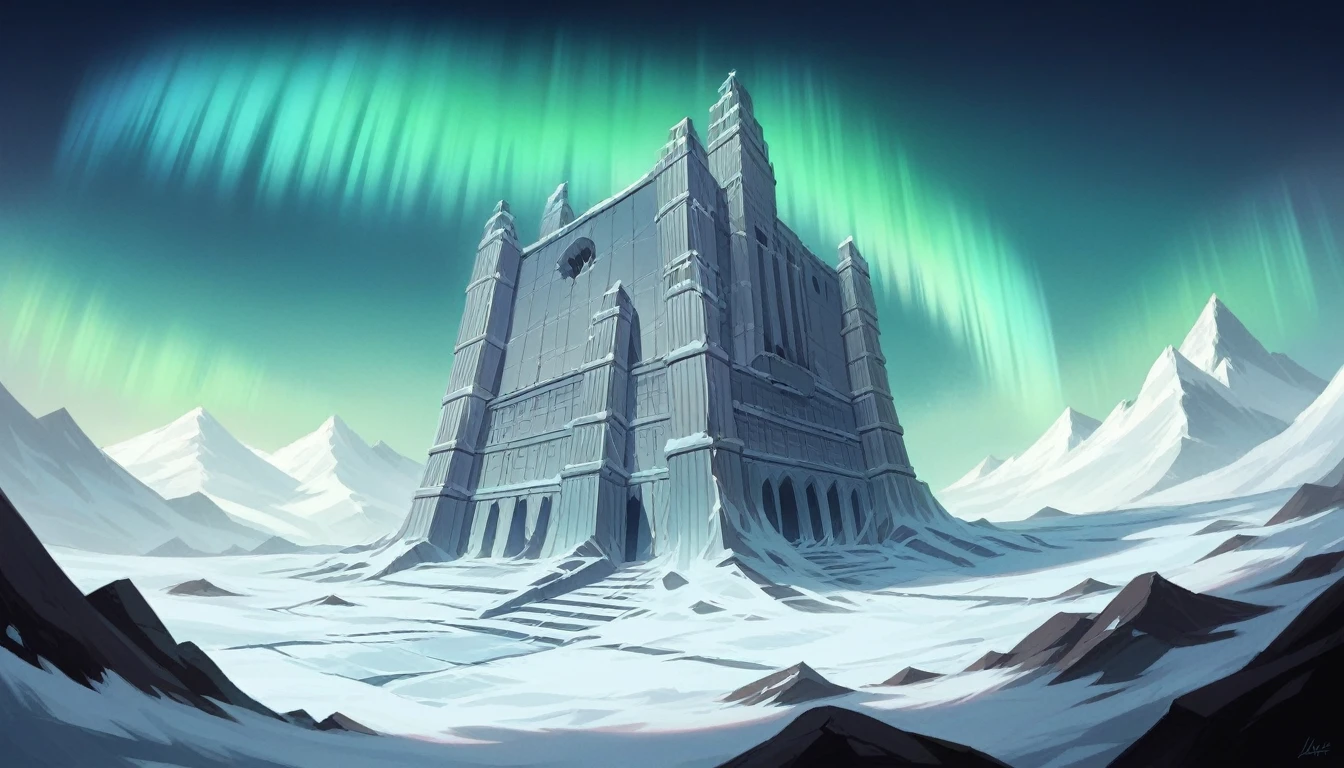 "Generates an ultra-sharp image of a mysterious landscape in Antarctica. Includes vast glaciers glistening in the moonlight, towering ice mountains, and an aurora borealis in the night sky. Add intriguing details like unusual ice formations and ancient ruins half-buried in snow, that suggest the presence of a lost civilization. Make sure the scene has a mystical and desolate atmosphere, with light and shadow effects that enhance the texture and clarity of ice and snow."