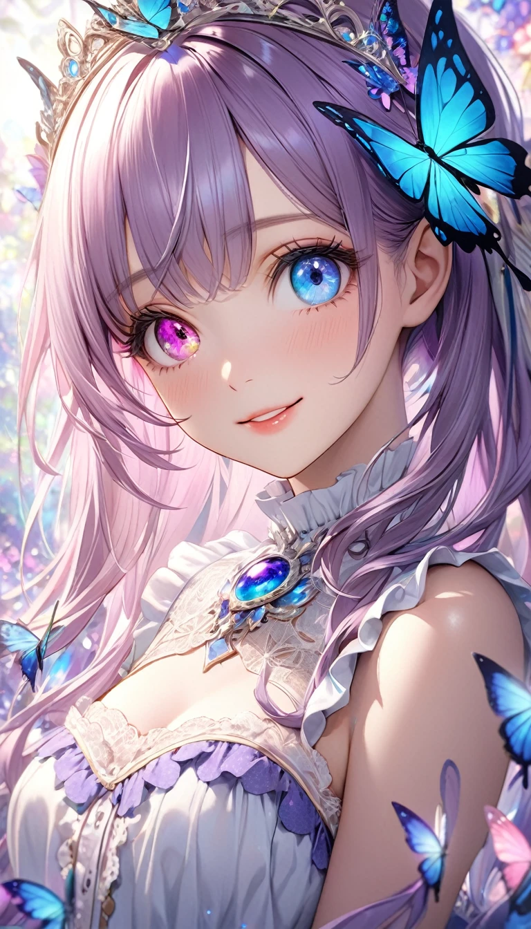 Psychedelic world、Commemorative photo、White rough shirt、beautiful girl、Lolita、15-year-old girl, 1 cute girl、(Facing forward), (Looking at this), (Very delicate and beautiful face)、(Beautiful eyes in every detail)、((((Heterochromia Iridum - Purple and blue eye color))))、Through the bangs,Pink long hair, Beautiful attention to detail, Beautiful lip detail, Highly detailed face, Attractive eyes, Long eyelashes, smile, Shy, One Girl, butterfly, tiara, Digital Art, pastel colour, Soft lighting, Cinematic, romantic, Baby Doll、Framing above the chest、Colorful gel background、Fractal Floral Background、Sparkling、Perfect lighting、Sharp focus、High resolution、High resolution、High color rendering、High resolution、Ultra-realistic、Realistic