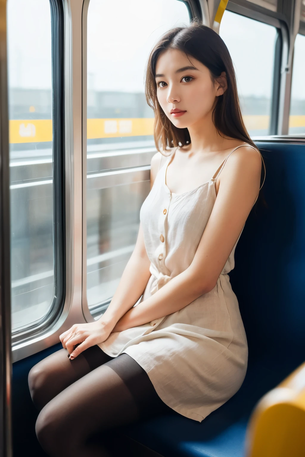 (masterpiece, Highest quality, 8k, RAW Photos, beautifully、beautiful:1.2), Intricate details, indirect lighting, Realistic,
whole body, Sitting on a chair on the train、Gazing at the audience、Voyeur、
Square neck button-down linen sundress, (Ultra-realistic pantyhose)、
Women's training , Chair to sit under skirt,