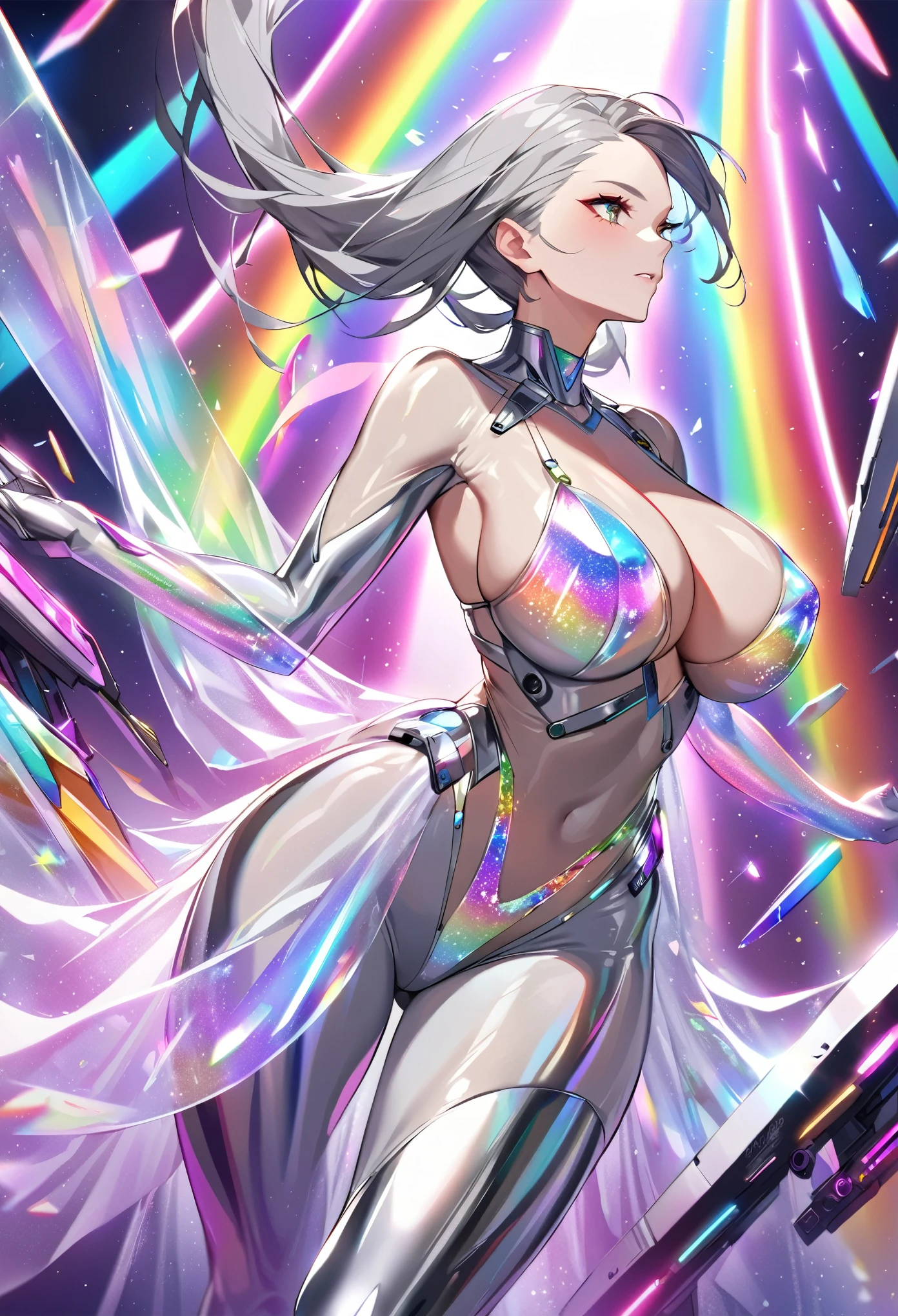 a woman in a silver Bodysuits with a large breast, chrome Bodysuits, Neon crystal body cover, Metal fuselage, cyberpunk Bodysuits, covered in crystals and glitter, Bodysuits, Inspired by Eddie Zandt, Bejeweled costumes, Rainbow-colored sheer lingerie, Shining Body, dizzying, transparent gray dress, Translucent dress, Sexy Dress