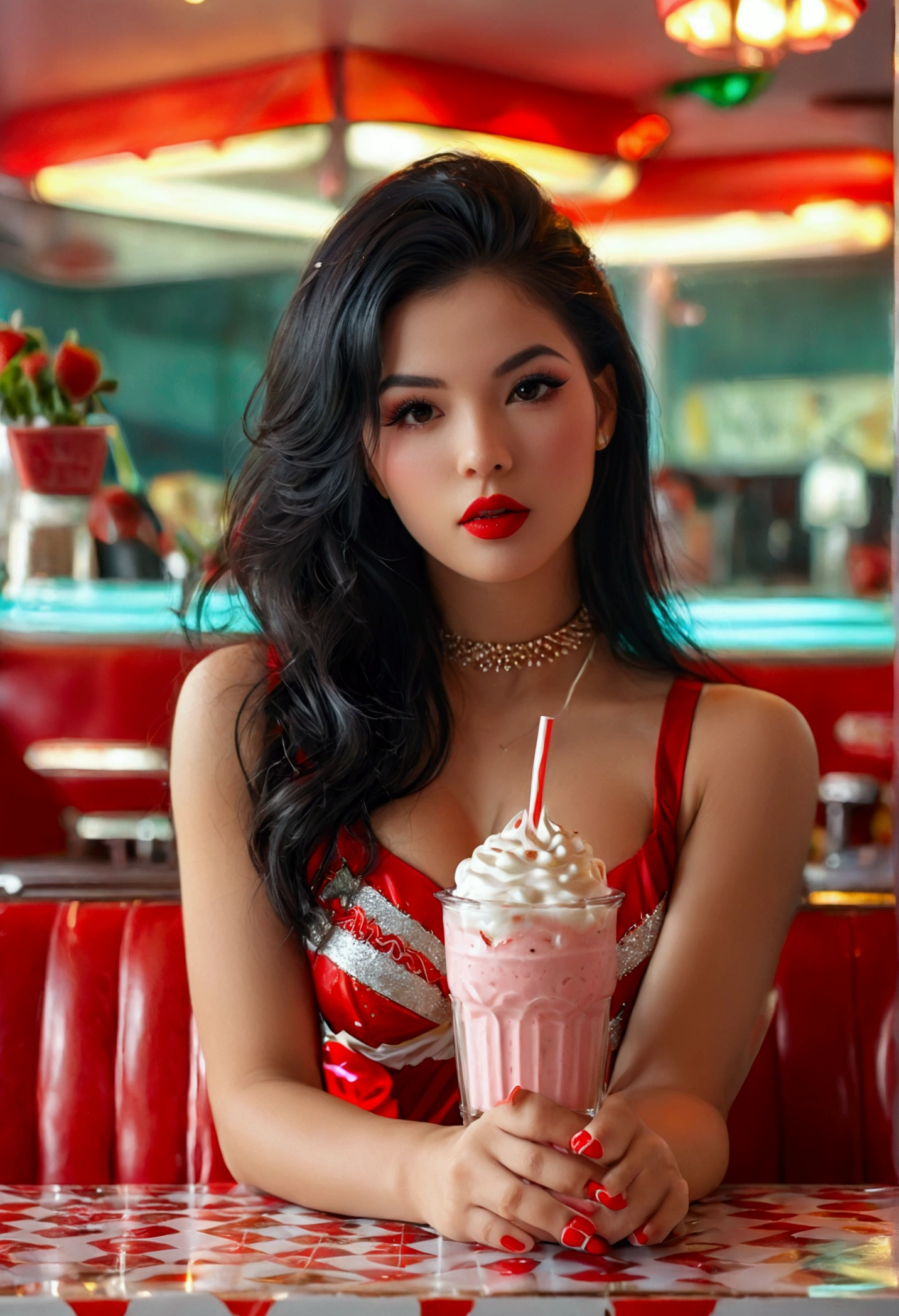 ultra realistic, photography, long straight black hair, girl, 24 years old, hourglass figure, perfect body, medium natural breasts, red lips, Flirty look, extremely detailed artgerm, in the style artgerm, facing the camera, lens 35 mm, blur background, in a 60s diner, sitting at a table, drinking strawberry milkshake, cheerleader outfit,