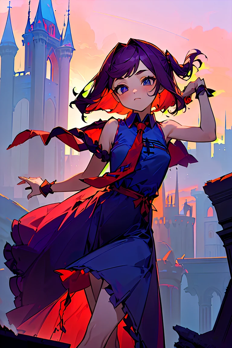 (masterpiece:1.2), (high quality:1.2), girls with((1girl, solo, purple hair, (medium hair, right swept bangs, one side up:1.55), bare shoulder, blush, breasts, cowboy shot, navy blue shirt, chinese shirt dress, blue cheongsam, blue slit, frills dress, sleeveless, (collared shirt, red necktie:1.45), black armwarmers, elbow armwarmers, princess dress, long dress, (open dress:1.34), black shorts, bare legs, stands)), background with((fantasy world, ruin, castle, beautiful sky, shining sky, sunshine:1.35))