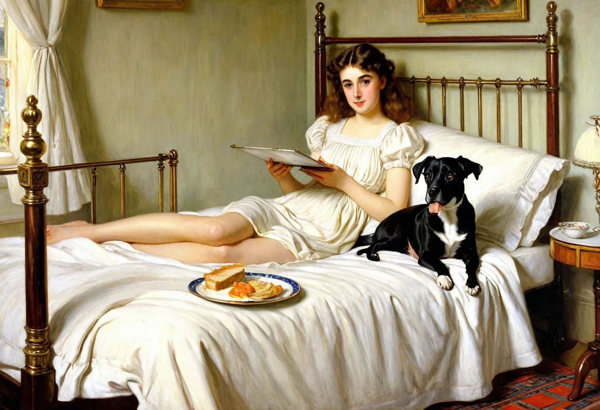 A painting of a girl, sitting in bed with a plate of food, with a dog sitting next to her, Albert Lynch, Albert Lynch, by Antonio Cisieri, 