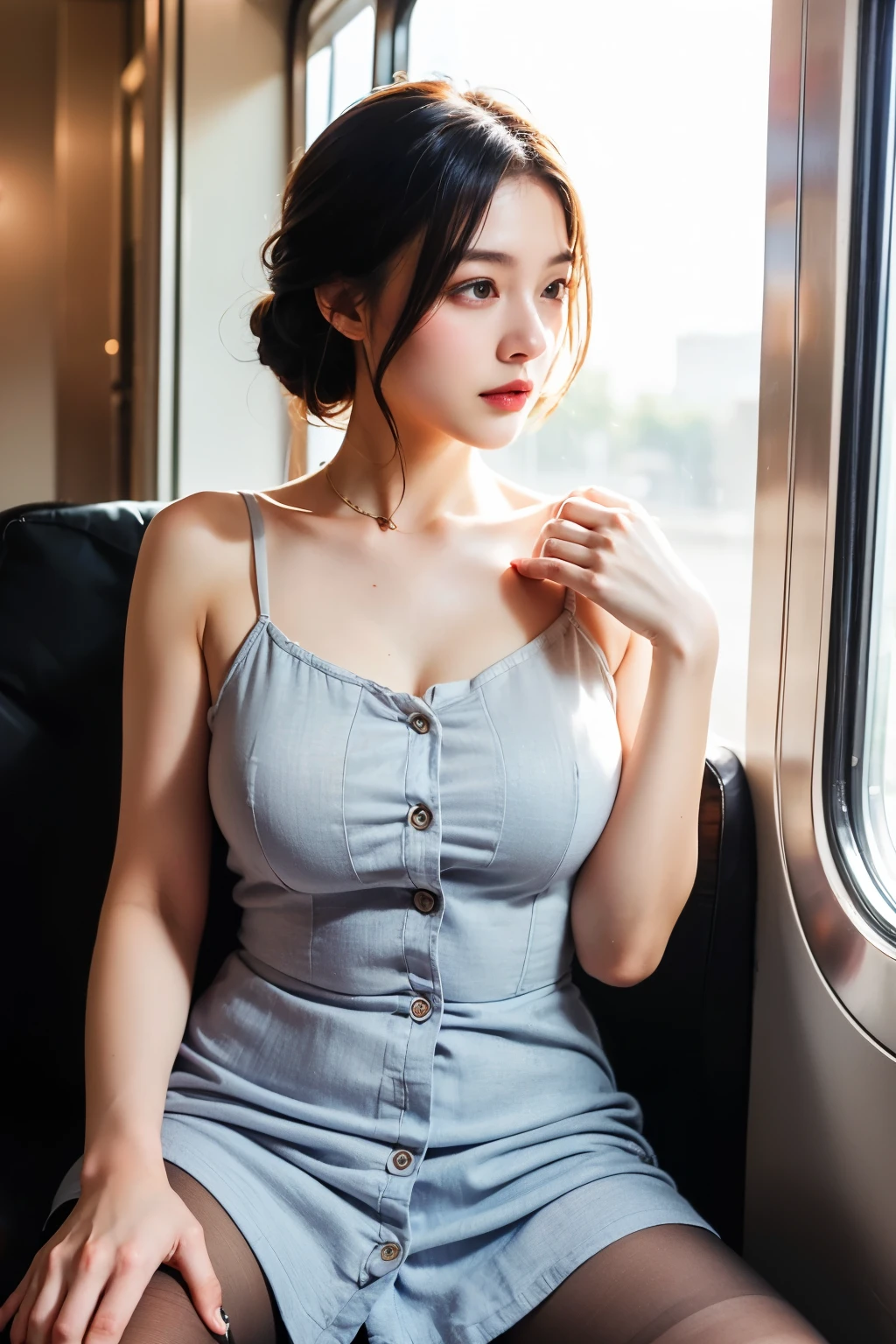 (masterpiece, Highest quality, 8k, RAW Photos, beautifully、beautiful:1.2), Intricate details, indirect lighting, Realistic,
whole body, Sitting on a chair on the train、Gazing at the audience、Voyeur、
Square neck button-down linen sundress, (Ultra-realistic pantyhose)、
Women's training , Chair to sit under skirt,