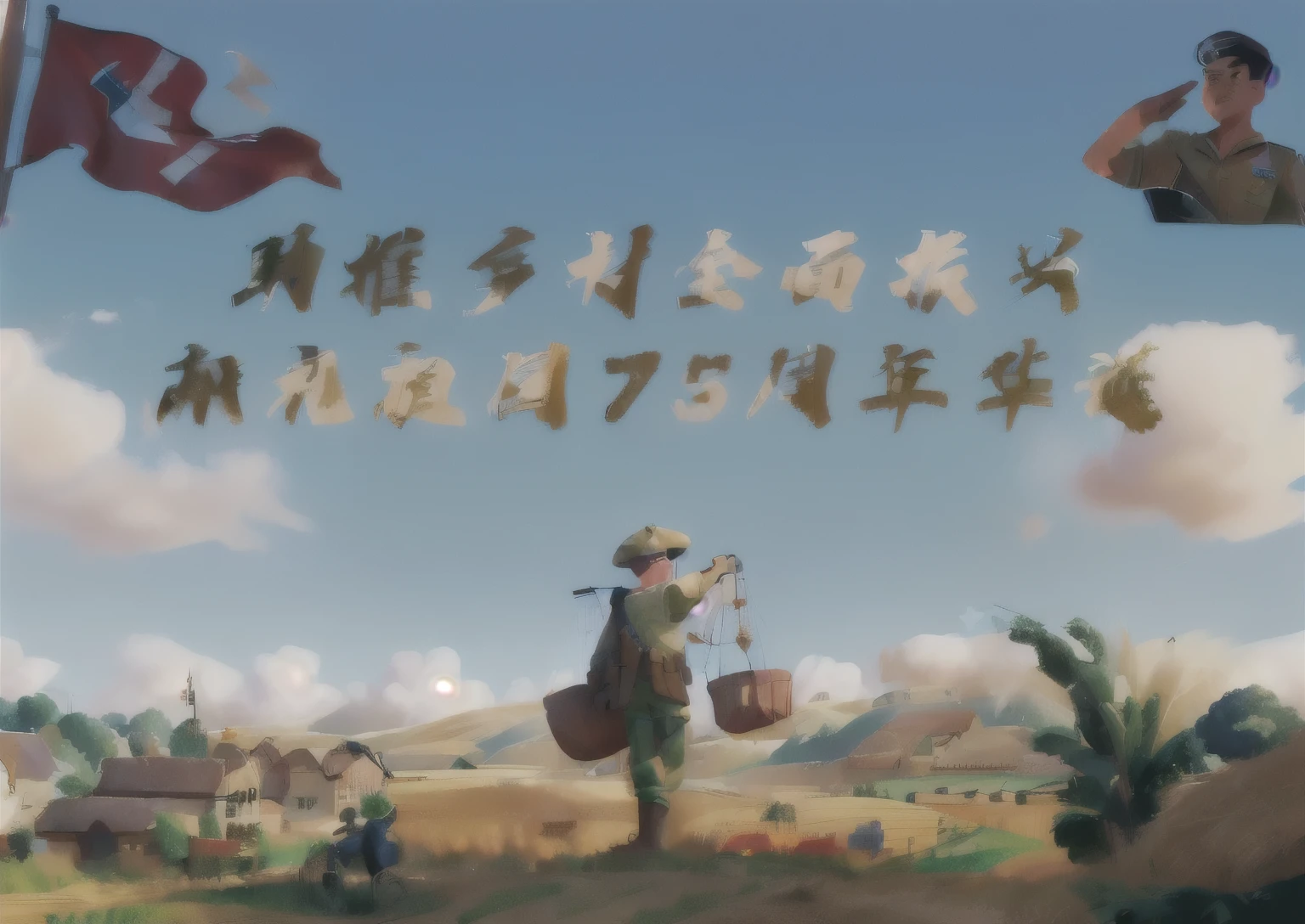 A comic book poster,There is sky,There is a flag in the upper left corner,There is a soldier saluting in the upper right corner,There are rural fields below,Farmers working hard in the fields,The picture is rich in detail