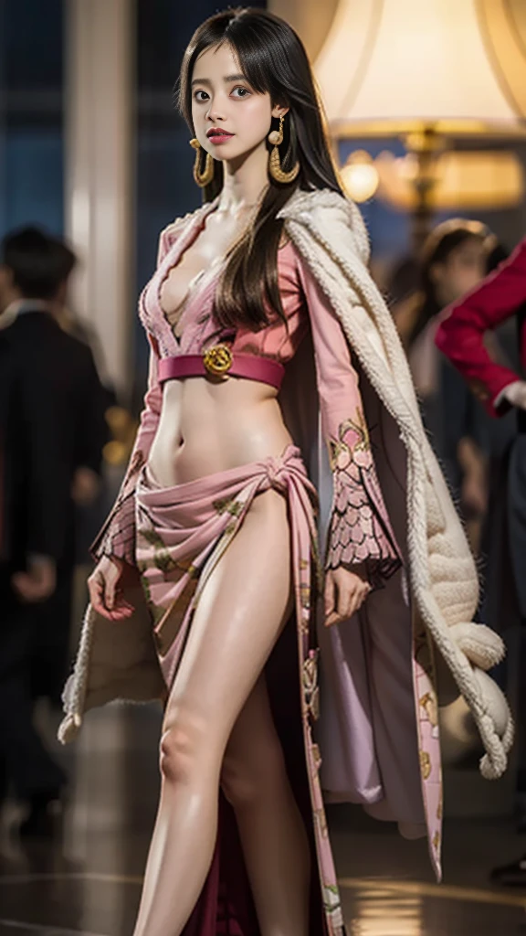 Moisturized skin, (Pink and bright eyes), (Looking down on people), Perfect body,
BREAK,
(Beautiful navel), (Side slit), (Epaulets), Cape, Crop top, Cloak,
BREAK,
(Super long hair), (Large gold and curved earrings: 1.2),
BREAK,
(((Masterpiece + Best quality + High resolution + Very detailed))), (Full body: 1.2), Symmetrical, One shot,
BREAK,
(On the ship: 1.3),
BREAK,
(ONE PIECE), (Hashimoto Kanna: 1.4), (Boa Hancock: 1.3), ((Large snake)),