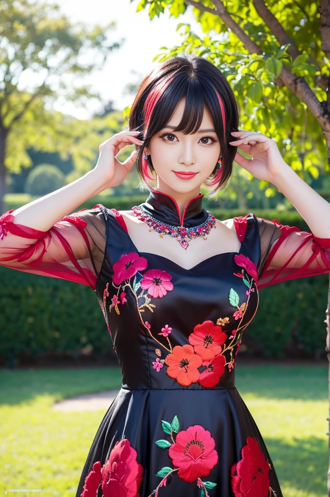 (masterpiece:1.4), (best quality:1.4), ultra high res, ultra high resolution, ((detailed facial features)), HDR, (realistic, photorealistic, photo-realistic:1.37), full body Esbian, sexy swedish model, (-anime), only 1 model, vivid colors, ((vivid colors multicolor very short hair)), beautiful smile, lip-gloss, long lashes, defined eyebrows, wearing large sparkling colorful jewelery, wearing a red silk Paradise Kiss cosplay dress with black floral embroidery, ((vivid colors outfit)), vivid colors, look at the camera, cinematic light, large park background with trees, sweet and sexy pose