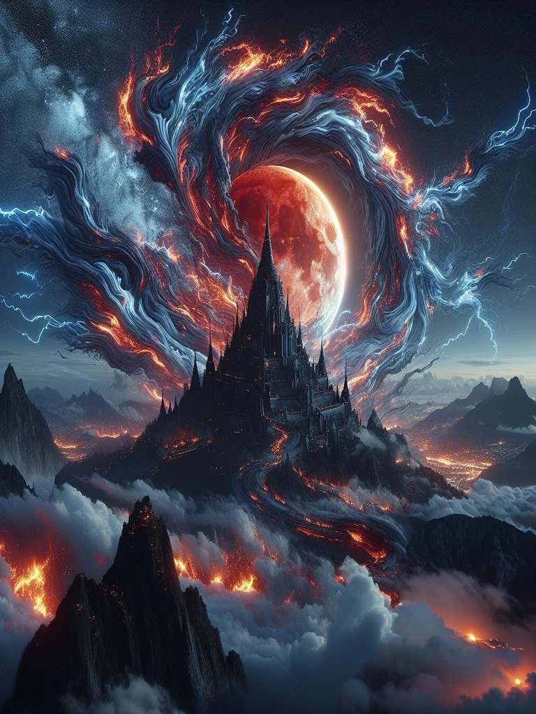 Impressive portrait of mountain a gracefully in the sky electricity. Consisting of fine white clouds, เปลวelectricityที่ดี, and the dark blue lightning sparkled. The background is a tall pagoda building and a blood moon. , Its body was a swirling dark blue cloud., electricity, And lightning, Create a feeling of movement and power.. It revealed a vast dark sky with scattered clouds., efect electricity and light blue giving the impression of endless  and adventure, 4K, high resolution, movies.