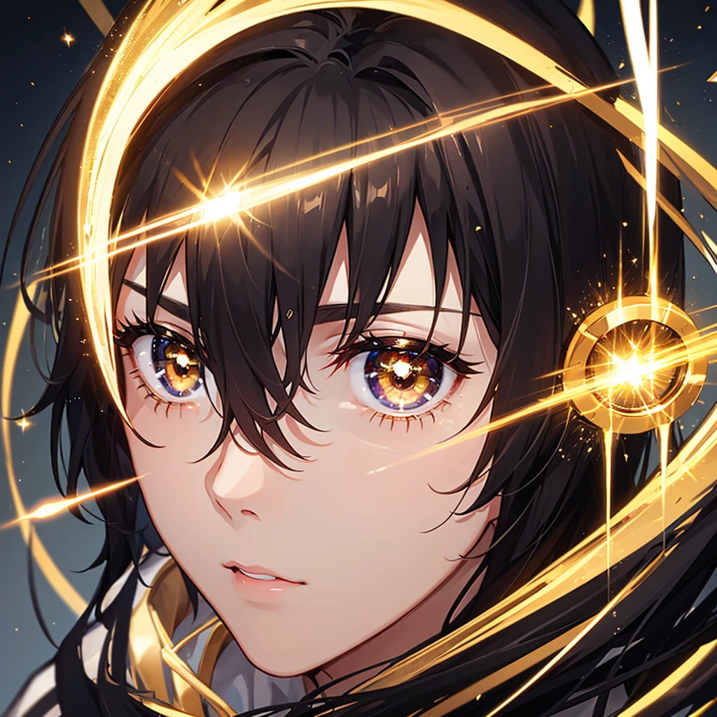 Close up of teenage boy's eye,glowing golden,black hair, 17 years old
