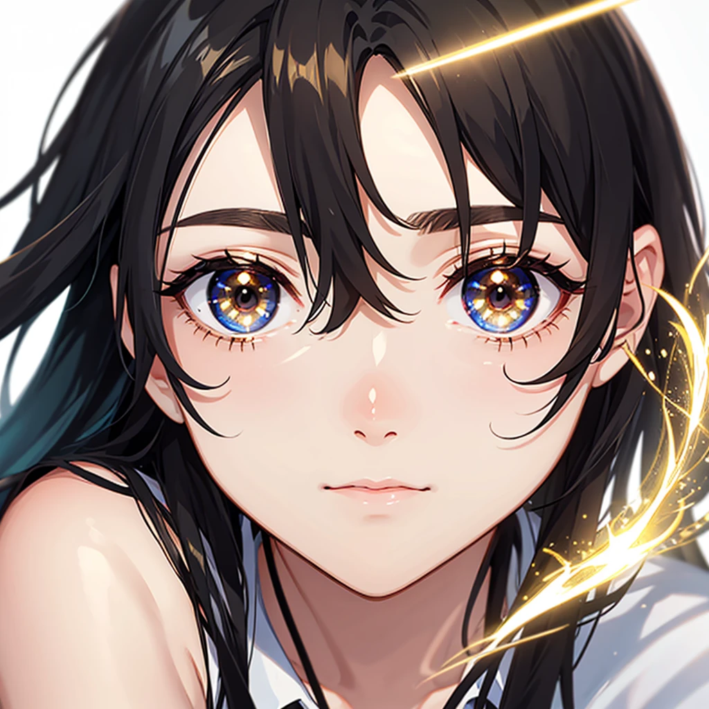 Close up of teenage boy's eye,glowing golden,black hair, 17 years old
