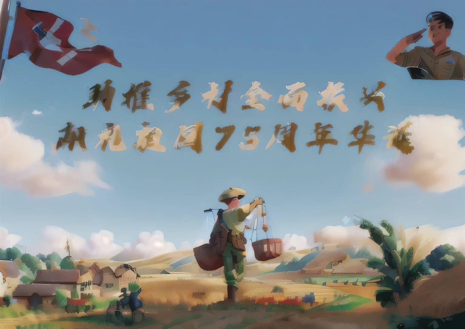 A comic book poster，There is sky，There is a flag in the upper left corner，There is a soldier saluting in the upper right corner，There are rural fields below，Farmers working hard in the fields，The picture is rich in detail