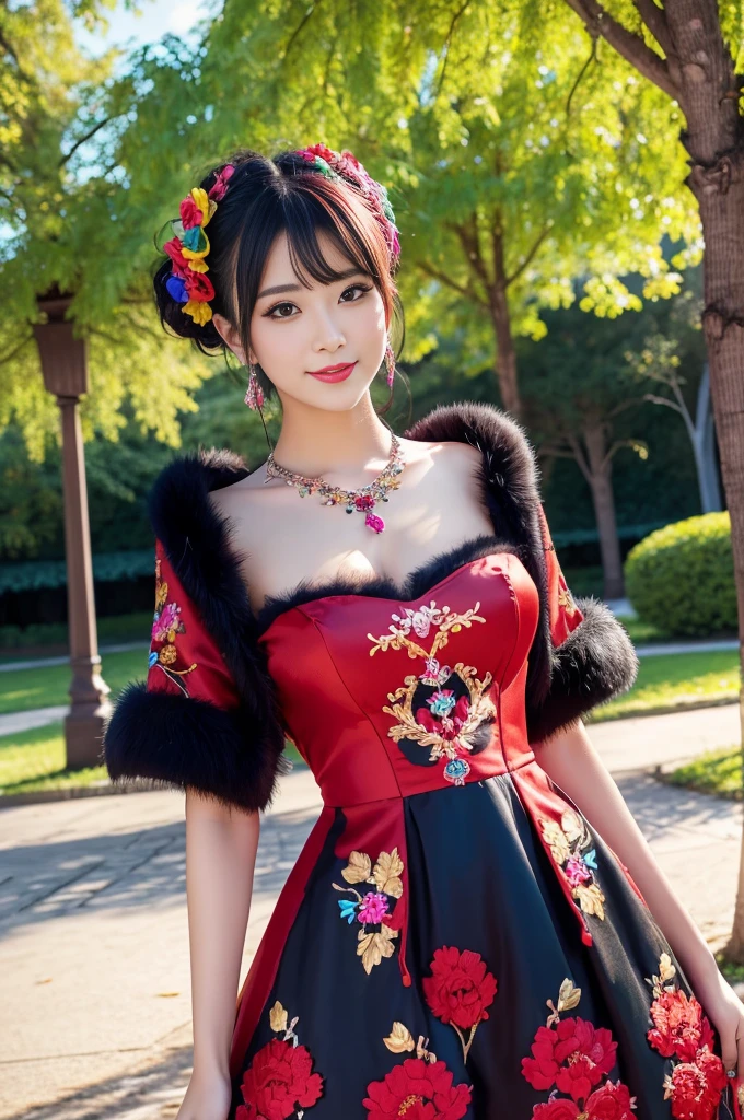 (masterpiece:1.4), (best quality:1.4), ultra high res, ultra high resolution, ((detailed facial features)), HDR, (realistic, photorealistic, photo-realistic:1.37), full body, sexy Vietnamese model, (-anime), only 1 model, vivid colors, very short hair, (beautiful smile), lip-gloss, long lashes, defined eyebrows, wearing large sparkling colorful jewelery, wearing a red silk Paradise Kiss cosplay dress with black floral embroidery, ((long fur vivid colors outfit)), vivid colors, look at the camera, cinematic light, large park background with trees, sweet and sexy pose