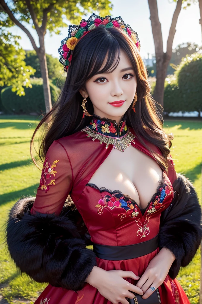 (masterpiece:1.4), (best quality:1.4), ultra high res, ultra high resolution, ((detailed facial features)), HDR, (realistic, photorealistic, photo-realistic:1.37), full body Esbian, sexy swedish model, (-anime), only 1 model, vivid colors, vivid colors multicolor very short hair, beautiful smile, lip-gloss, long lashes, defined eyebrows, wearing large sparkling colorful jewelery, wearing a red silk Paradise Kiss cosplay dress with black floral embroidery, ((long fur vivid colors outfit)), vivid colors, look at the camera, cinematic light, large park background with trees, sweet and sexy pose