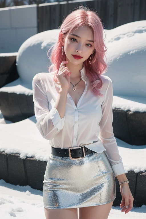 1 girl, model, extremely beautiful, perfect body. Photo taken with Canon EOS R5 85mm f/11 Camera, ((sharp)) mode of people and surrounding scenery. Image quality ((8K)), ((lifelike)), ((masterpiece)), ((sharp and highest contrast)), ((great depth of field)), ((light stereolithography)).
((Pink hair)), ((high-end cosmetic makeup)), ((bright, radiant smile)), ((brilliant glossy red lipstick)), ((Ivory, white skin bright)), detailed pores, ((glossy skin)), ((Light shining directly on the face)), bright sunlight.
Earrings, necklace, belt, ((thin shirt)), ((shiny leather skirt)), high heels, bracelets.
Close-up photo of 1/2 of the girl's body, standing model pose, ((white snow)), cold wind, frost, bitter cold, numbness, ((frozen)), snowflakes, loneliness, fanciful, dreamy, waiting, ((hope)).