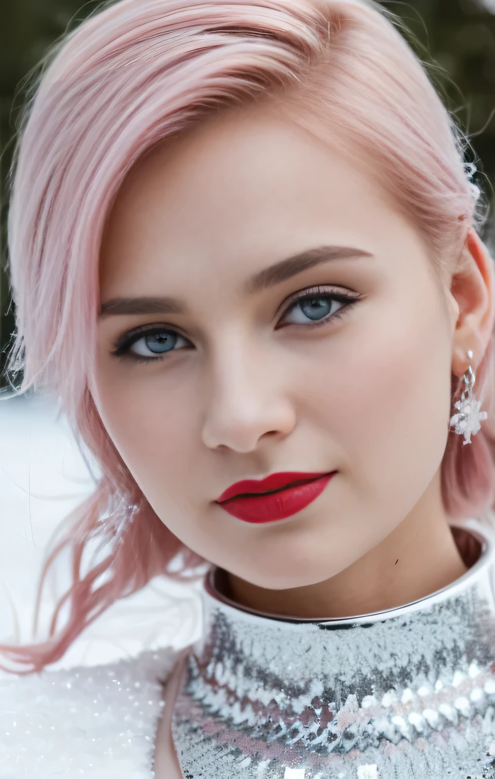 1 girl, model, extremely beautiful, perfect body. Photo taken with Canon EOS R5 85mm f/11 Camera, ((sharp)) mode of people and surrounding scenery. Image quality ((8K)), ((lifelike)), ((masterpiece)), ((sharp and highest contrast)), ((great depth of field)), ((light stereolithography)).
((Pink hair)), ((high-end cosmetic makeup)), ((bright, radiant smile)), ((brilliant glossy red lipstick)), ((Ivory, white skin bright)), detailed pores, ((glossy skin)), ((Light shining directly on the face)), bright sunlight.
Earrings, necklace, belt, ((thin shirt)), ((shiny leather skirt)), high heels, bracelets.
Close-up photo of 1/2 of the girl's body, standing model pose, ((white snow)), cold wind, frost, bitter cold, numbness, ((frozen)), snowflakes, loneliness, fanciful, dreamy, waiting, ((hope)).