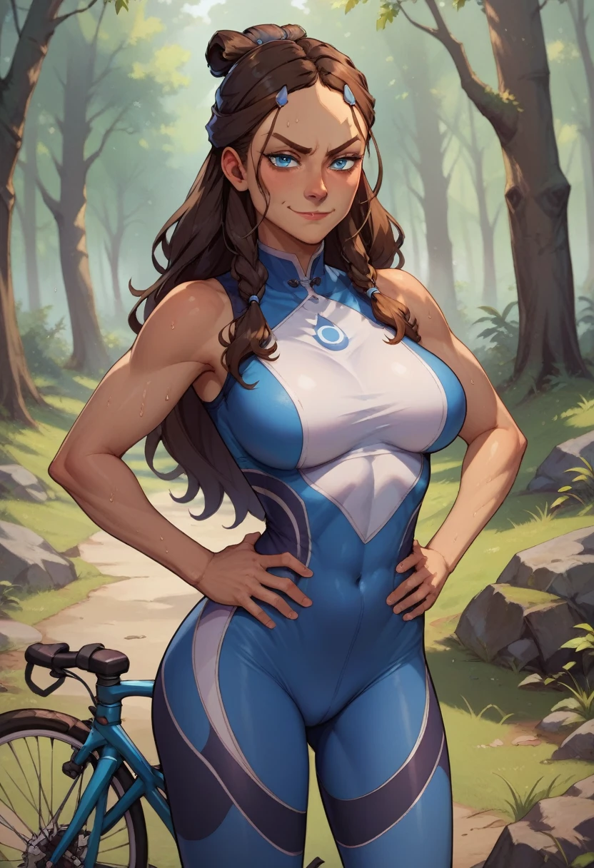 score_9, score_8_up, score_7_up, score_6_up, BREAK Katara, wearing bicycle outfit, big breasts, evil smirk, hands holding own hips, sweating, in a forest, looking at viewer,